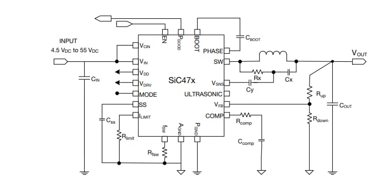 アプリケーション回路図 - Vishay / Siliconix SiC471/SiC472/SiC473/SiC474 microBUCK®コンバータ
